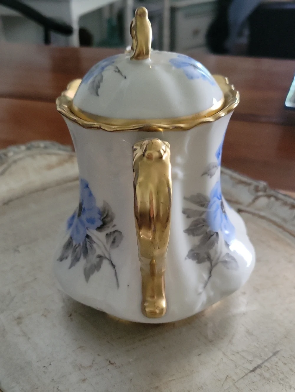 Porcelain Teapot with Blue Floral Design and Gold Accents